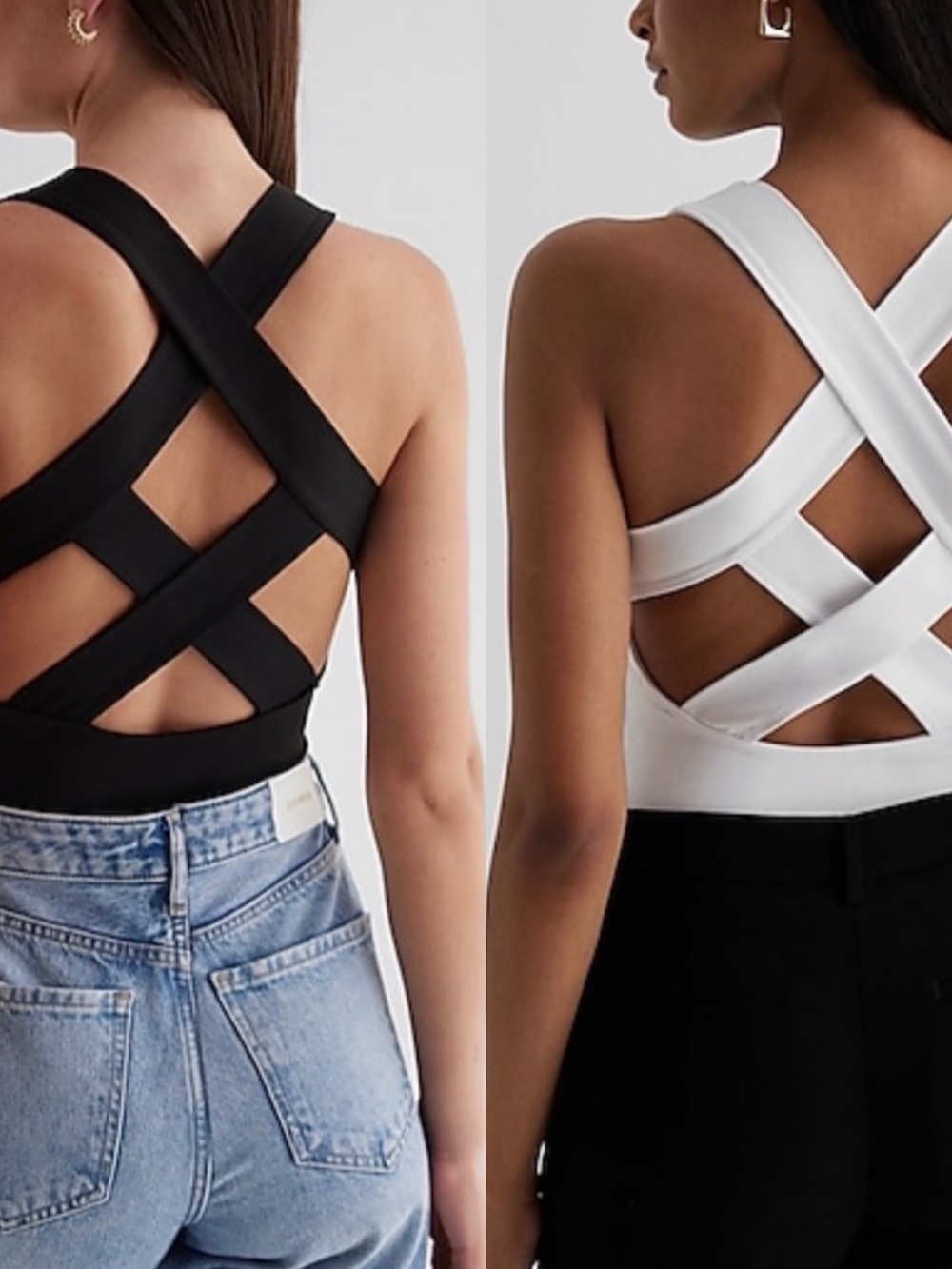 Express (2) Body Contour High Compression Strappy Back Bodysuit - Black & White
